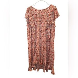 Max Studio Orange Floral Midi Dress Ruffles Flutter Sleeves